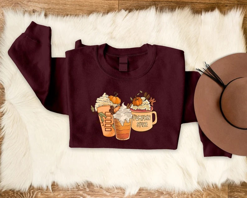 Halloween Pumpkin Coffee Sweatshirt, Fall Pumpkin Spice Printed Sweatshirt, Vintage Thanksgiving Coffee Latte Jumper, Halloween Party Gifts