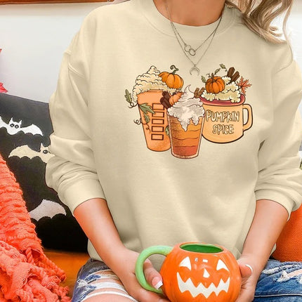 Halloween Pumpkin Coffee Sweatshirt, Fall Pumpkin Spice Printed Sweatshirt