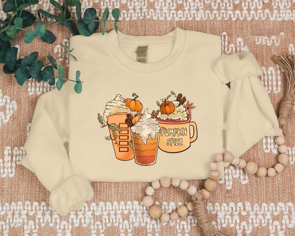 Halloween Pumpkin Coffee Sweatshirt, Fall Pumpkin Spice Printed Sweatshirt, Vintage Thanksgiving Coffee Latte Jumper, Halloween Party Gifts