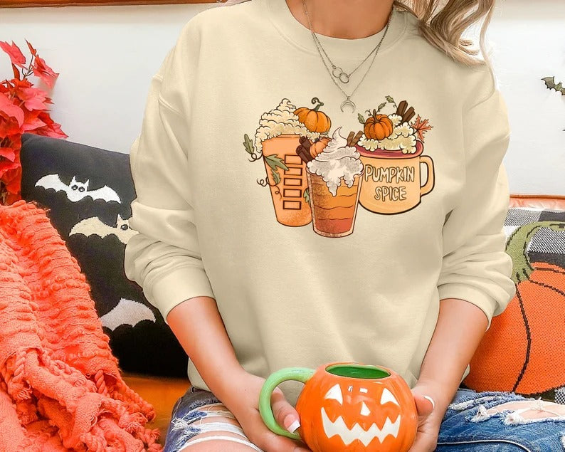 Halloween Pumpkin Coffee Sweatshirt, Fall Pumpkin Spice Printed Sweatshirt, Vintage Thanksgiving Coffee Latte Jumper, Halloween Party Gifts