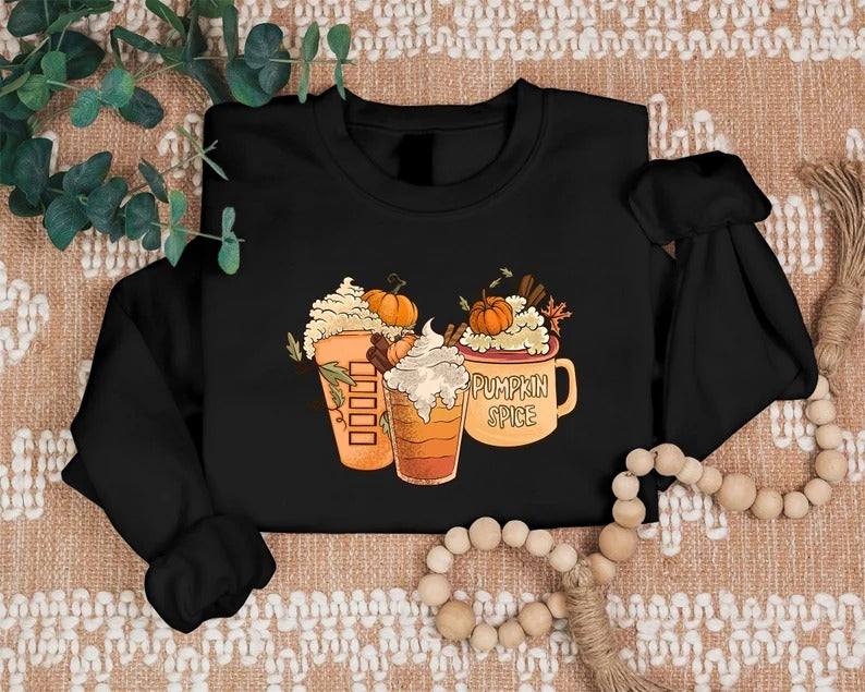 Halloween Pumpkin Coffee Sweatshirt, Fall Pumpkin Spice Printed Sweatshirt, Vintage Thanksgiving Coffee Latte Jumper, Halloween Party Gifts