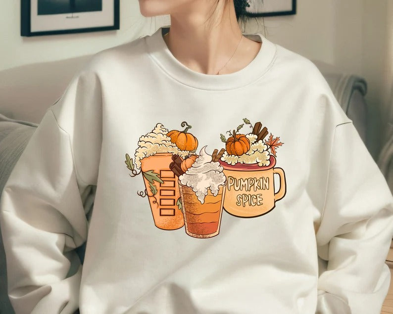 Halloween Pumpkin Coffee Sweatshirt, Fall Pumpkin Spice Printed Sweatshirt, Vintage Thanksgiving Coffee Latte Jumper, Halloween Party Gifts