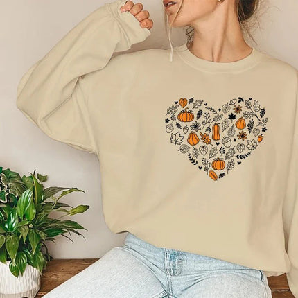 Vintage Fall Pumpkins Sweatshirt, Autumn Leaves Heart Printed Sweater, Halloween Spooky Season Jumper, Thanksgiving Matching Clothing Gifts