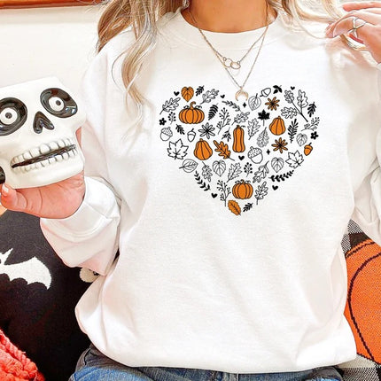 Vintage Fall Pumpkins Sweatshirt, Autumn Leaves Heart Printed Sweater, Halloween Spooky Season Jumper, Thanksgiving Matching Clothing Gifts