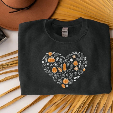 Vintage Fall Pumpkins Sweatshirt, Autumn Leaves Heart Printed Sweater, Halloween Spooky Season Jumper, Thanksgiving Matching Clothing Gifts