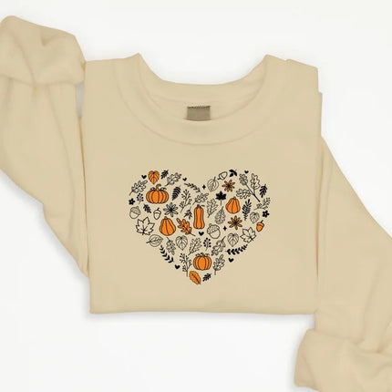 Vintage Fall Pumpkins Sweatshirt, Autumn Leaves Heart Printed Sweater, Halloween Spooky Season Jumper, Thanksgiving Matching Clothing Gifts
