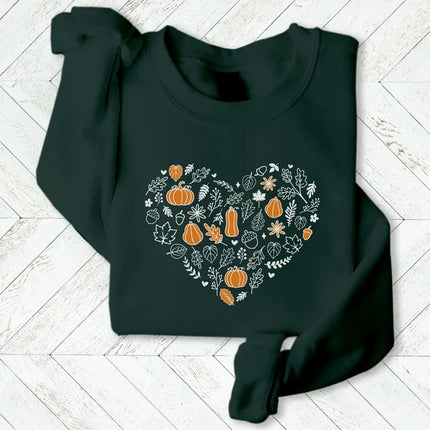 Vintage Fall Pumpkins Sweatshirt, Autumn Leaves Heart Printed Sweater, Halloween Spooky Season Jumper, Thanksgiving Matching Clothing Gifts
