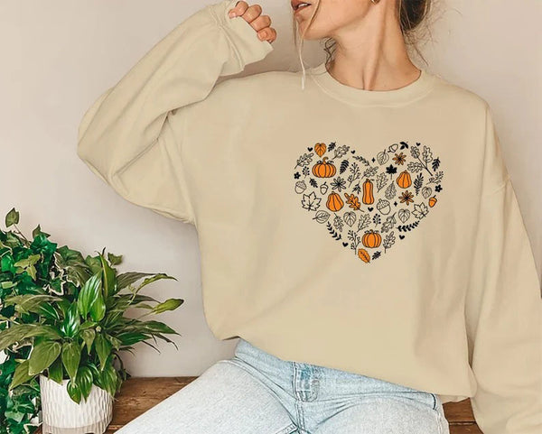 Vintage Fall Pumpkins Sweatshirt, Autumn Leaves Heart Printed Sweater, Halloween Spooky Season Jumper, Thanksgiving Matching Clothing Gifts