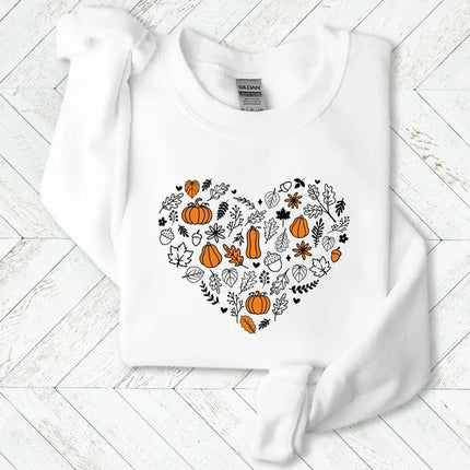 Vintage Fall Pumpkins Sweatshirt, Autumn Leaves Heart Printed Sweater, Halloween Spooky Season Jumper, Thanksgiving Matching Clothing Gifts