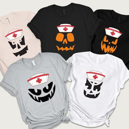 Halloween Nurse Printed Shirt, Winking Pumpkin Group Tee Shirt, Funny Fall Spooky Nurse Life Tees, Pumpkin Face Halloween Matching Outfits