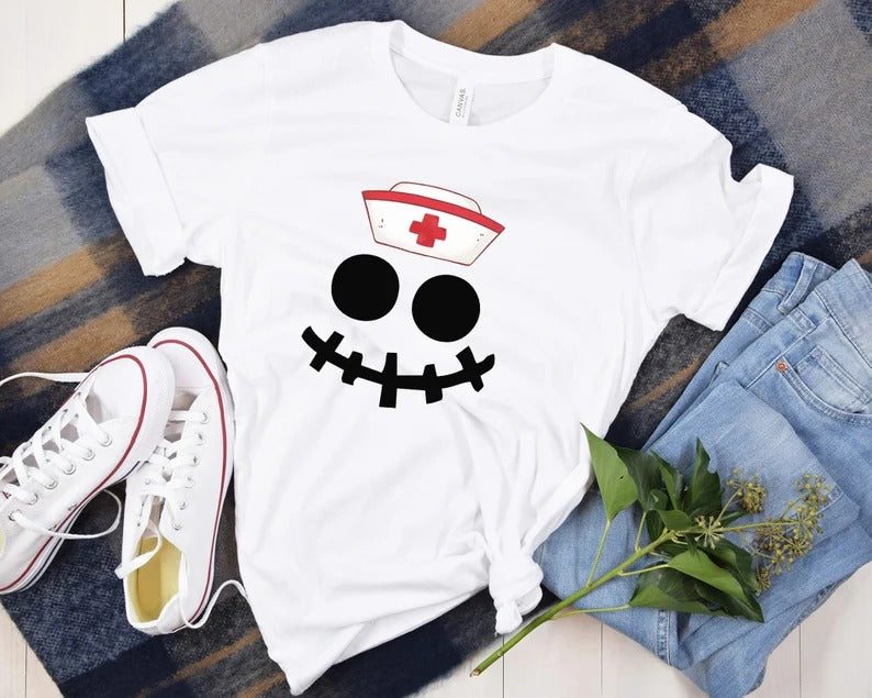 Halloween Nurse Printed Shirt, Winking Pumpkin Group Tee Shirt, Funny Fall Spooky Nurse Life Tees, Pumpkin Face Halloween Matching Outfits