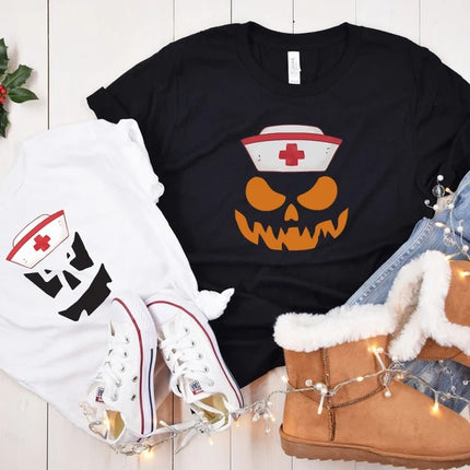 Halloween Nurse Printed Shirt, Winking Pumpkin Group Tee Shirt, Funny Fall Spooky Nurse Life Tees, Pumpkin Face Halloween Matching Outfits