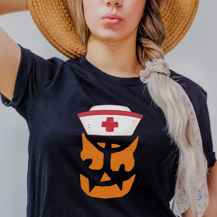 Halloween Nurse Printed Shirt, Winking Pumpkin Group Tee Shirt, Funny Fall Spooky Nurse Life Tees, Pumpkin Face Halloween Matching Outfits