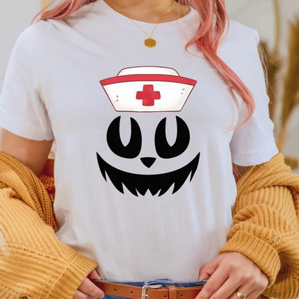 Halloween Nurse Printed Shirt, Winking Pumpkin Group Tee Shirt, Funny Fall Spooky Nurse Life Tees, Pumpkin Face Halloween Matching Outfits