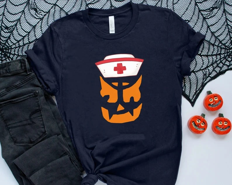 Halloween Nurse Printed Shirt, Winking Pumpkin Group Tee Shirt, Funny Fall Spooky Nurse Life Tees, Pumpkin Face Halloween Matching Outfits