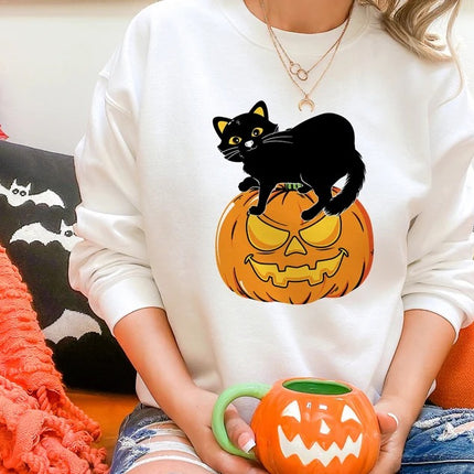Black Cat on Pumpkin Sweatshirt, Halloween Pumpkin Printed Sweater, Vintage Fall Matching Jumper, Spooky Season Clothing, Halloween Gifts
