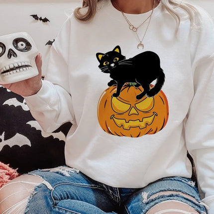 Black Cat on Pumpkin Sweatshirt, Halloween Pumpkin Printed Sweater, Vintage Fall Matching Jumper, Spooky Season Clothing, Halloween Gifts