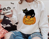 Black Cat on Pumpkin Sweatshirt, Halloween Pumpkin Printed Sweater, Vintage Fall Matching Jumper, Spooky Season Clothing, Halloween Gifts