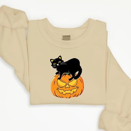 Black Cat on Pumpkin Sweatshirt, Halloween Pumpkin Printed Sweater, Vintage Fall Matching Jumper, Spooky Season Clothing, Halloween Gifts
