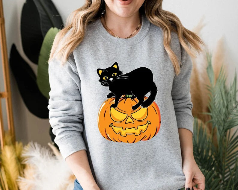 Black Cat on Pumpkin Sweatshirt, Halloween Pumpkin Printed Sweater, Vintage Fall Matching Jumper, Spooky Season Clothing, Halloween Gifts