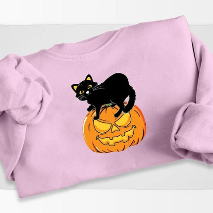 Black Cat on Pumpkin Sweatshirt, Halloween Pumpkin Printed Sweater, Vintage Fall Matching Jumper, Spooky Season Clothing, Halloween Gifts