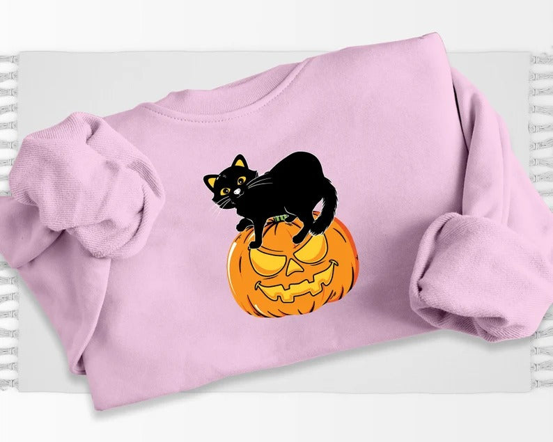 Black Cat on Pumpkin Sweatshirt, Halloween Pumpkin Printed Sweater, Vintage Fall Matching Jumper, Spooky Season Clothing, Halloween Gifts