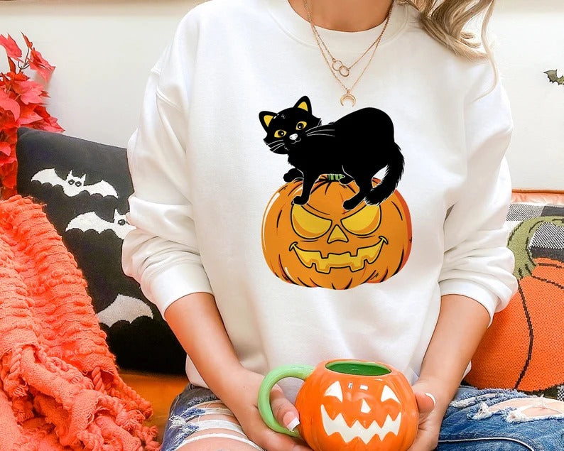 Black Cat on Pumpkin Sweatshirt, Halloween Pumpkin Printed Sweater, Vintage Fall Matching Jumper, Spooky Season Clothing, Halloween Gifts