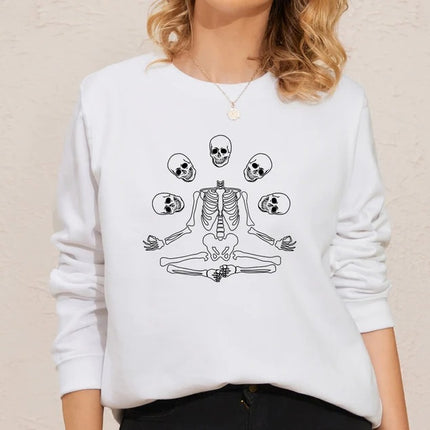 Halloween Skull Skeleton Sweatshirt, Goth Halloween Printed Sweatshirt
