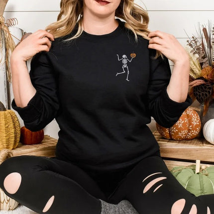 Dancing Skeleton Embroidered Sweatshirt, Funny Skeleton Carrying Pumpkin Halloween Monogrammed Jumper, Spooky Season Halloween Party Outfits