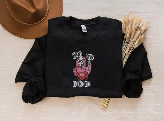 Boo You Horror Embroidered Sweater, Halloween Horror Ghost Sweatshirt, Vintage Fall Spooky Crewneck Jumper, Funny Halloween Night Party Gift