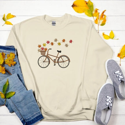 Maple Leaves Bicycle Embroidered Fall Jumper, Cycle Bucket With Leaves Autumn Sweatshirt, Spooky Crewneck Sweater, Unisex Sweater, Fall Gift