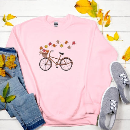 Maple Leaves Bicycle Embroidered Fall Jumper, Cycle Bucket With Leaves Autumn Sweatshirt, Spooky Crewneck Sweater, Unisex Sweater, Fall Gift
