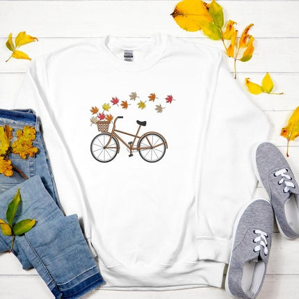 Maple Leaves Bicycle Embroidered Fall Jumper, Cycle Bucket With Leaves Autumn Sweatshirt, Spooky Crewneck Sweater, Unisex Sweater, Fall Gift