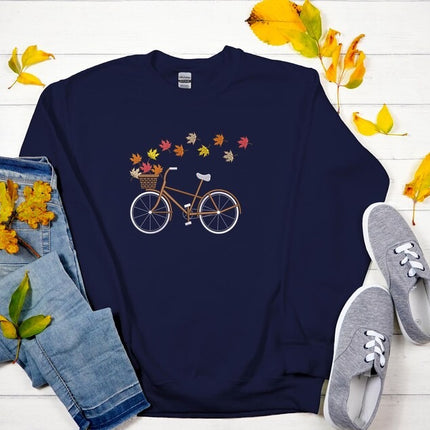 Maple Leaves Bicycle Embroidered Fall Jumper, Cycle Bucket With Leaves Autumn Sweatshirt, Spooky Crewneck Sweater, Unisex Sweater, Fall Gift