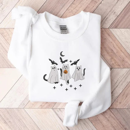 Ghost Cats Sweater, Embroidered Cute Halloween Kittens Sweatshirt, Spooky Season Cat Lovers Jumpers, Gothic Cat Sweatshirt, Halloween Outfit