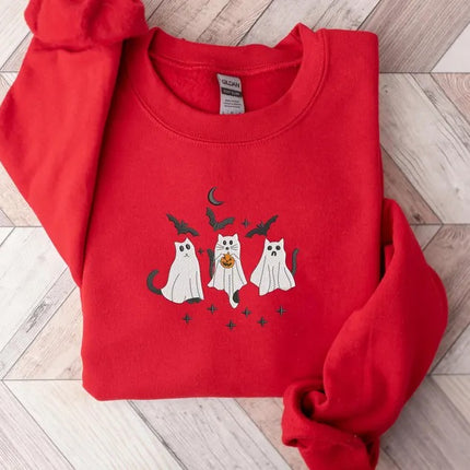 Ghost Cats Sweater, Embroidered Cute Halloween Kittens Sweatshirt, Spooky Season Cat Lovers Jumpers, Gothic Cat Sweatshirt, Halloween Outfit