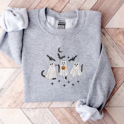 Ghost Cats Sweater, Embroidered Cute Halloween Kittens Sweatshirt, Spooky Season Cat Lovers Jumpers, Gothic Cat Sweatshirt, Halloween Outfit