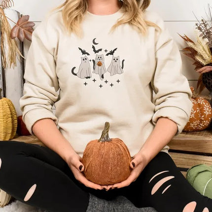 Ghost Cats Sweater, Embroidered Cute Halloween Kittens Sweatshirt, Spooky Season Cat Lovers Jumpers, Gothic Cat Sweatshirt, Halloween Outfit