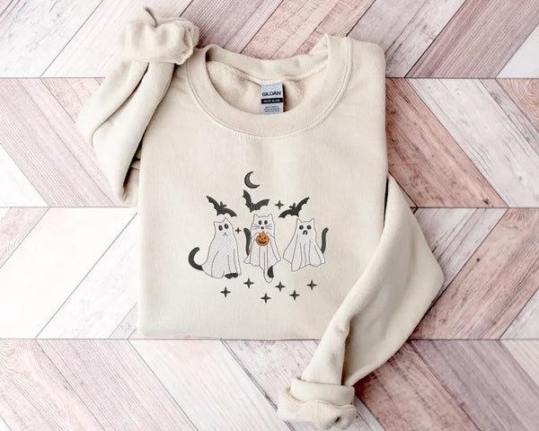 Ghost Cats Sweater, Embroidered Cute Halloween Kittens Sweatshirt, Spooky Season Cat Lovers Jumpers, Gothic Cat Sweatshirt, Halloween Outfit