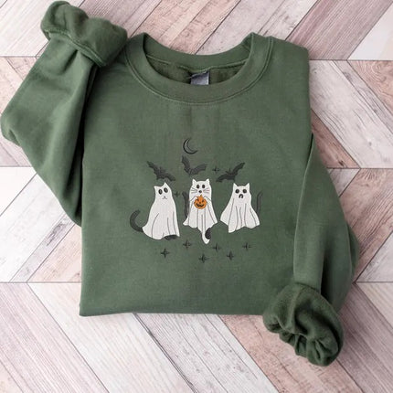 Ghost Cats Sweater, Embroidered Cute Halloween Kittens Sweatshirt, Spooky Season Cat Lovers Jumpers, Gothic Cat Sweatshirt, Halloween Outfit