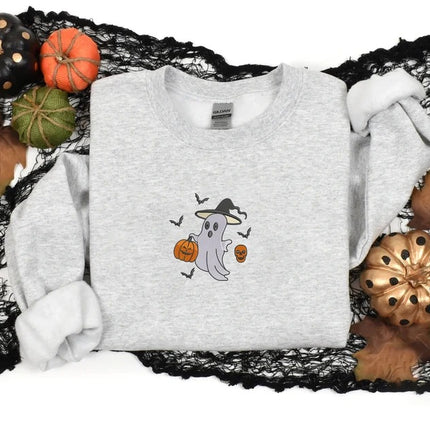 Ghost Pumpkin Sweatshirt, Embroidered Halloween Cute Ghost Crewneck Jumper