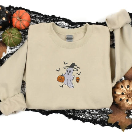 Ghost Pumpkin Sweatshirt, Embroidered Halloween Cute Ghost Crewneck Jumper