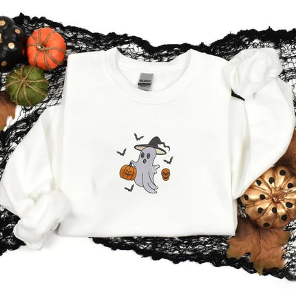 Ghost Pumpkin Sweatshirt, Embroidered Halloween Cute Ghost Crewneck Jumper