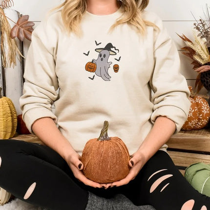 Ghost Pumpkin Sweatshirt, Embroidered Halloween Cute Ghost Crewneck Jumper