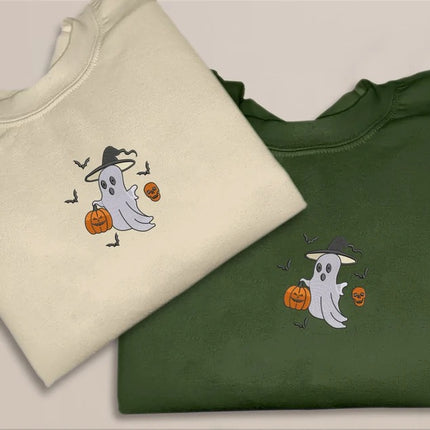 Ghost Pumpkin Sweatshirt, Embroidered Halloween Cute Ghost Crewneck Jumper