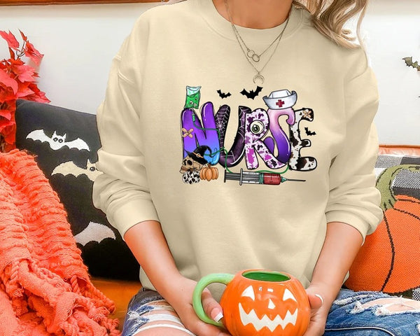 Halloween Nurse Sweatshirt, Retro Design Comfort Color Nurse Jumper, Spooky Season Vintage Sweater, Halloween Nurse Clothing