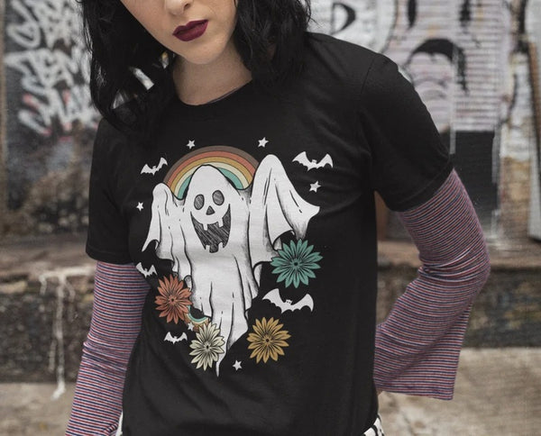 Halloween Boho Ghost Retro Tshirt, Floral Ghost Vintage Art Shirt, Comfort Colors Fall T Shirt, Unisex Crewneck Halloween Vacation Outfits