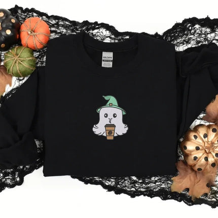 Vintage Ghost Coffee Sweatshirt, Halloween Ghost Embroidered Sweater, Fall Coffee Lovers Crewneck Jumper, Halloween Spooky Clothing Gifts