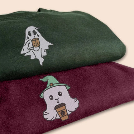 Vintage Ghost Coffee Sweatshirt, Halloween Ghost Embroidered Sweater, Fall Coffee Lovers Crewneck Jumper, Halloween Spooky Clothing Gifts