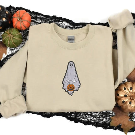 Vintage Ghost Coffee Sweatshirt, Halloween Ghost Embroidered Sweater, Fall Coffee Lovers Crewneck Jumper, Halloween Spooky Clothing Gifts